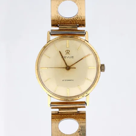 Kultarannelello Revue Automatic, taulun Ø 33mm, kaiverettu, metallirannekkeella, hihnan pituus 183mm, ei käy, käytön jälkiä, 585br, Paino: 41,7 g