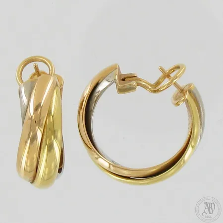 Korvakorut Cartier Trinity, Ø 25mm, leveys 7,8mm, 750 kelta-, puna- ja valkokulta,  Paino: 14,1 g