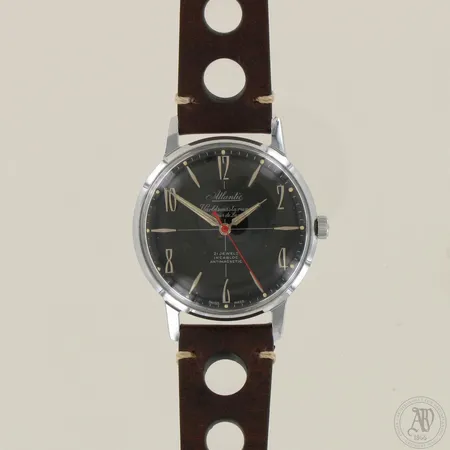 Teräsrannekello Atlantic Världsmästarur Super De Luxe, mekaaninen, taulun Ø 38,5mm, uusi nahkaranneke, lasissa kevyttä kulumaa, teräsosat hyvässä kunnossa. 