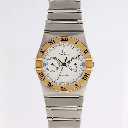 Teräsrannekello, Omega, Constellation Day-Date, quartz, rungon Ø32mm, ref. 396.1070, rannekkeen pituus 180mm