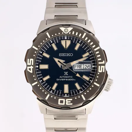 Teräsrannekello, Seiko, Prospex Monster, automaatti, rungon Ø 42mm, ref. SRPD25K1, kaksi jatkopalaa, laatikko, takuukortti