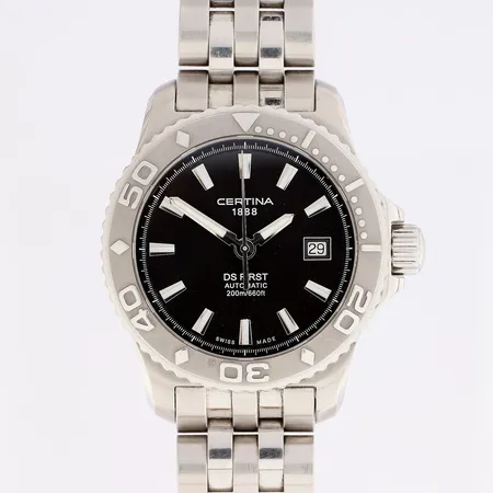 Teräsrannekello, Certina, DS First, automaatti, rungon Ø 41mm, Ref. 633.7184.42, kehässä pieniä käytön jälkiä, rannekkeen pituus 180mm,