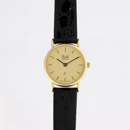 Viallinen kultarannekello, Gold Geneve, kaiverrettu, quartz: paristo loppunut, rungon Ø 22mm, 585br, 