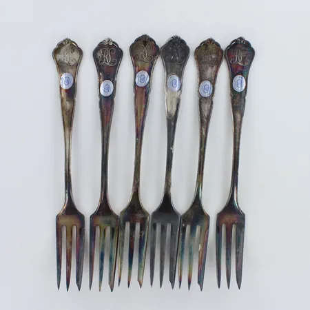 Kuusi leikkelehaarukkaa, Chippendale, kaiverrettu, pituus 146mm, 830,  Paino: 139,8 g