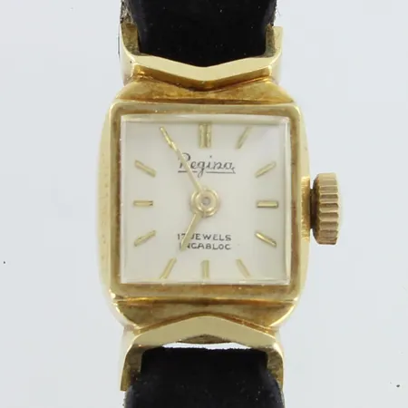 Kultarannekello Reagina, 17 jevels, mekaaninen, käytön jälkiä, rungon mitat 13,5x17mm, nahkaranneke kulunut, rannekkeen pituus 150-185mm, 585br,  Paino: 9,9 g