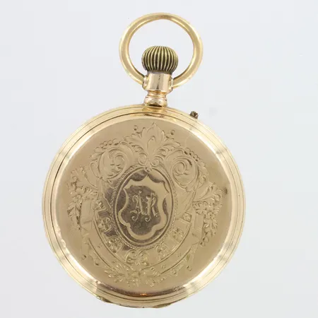 Kultainen taskukello, käytön jälkiä, välikuori metallia, mekaaninen, Ø45,5mm, 585br,  Paino: 74,4 g