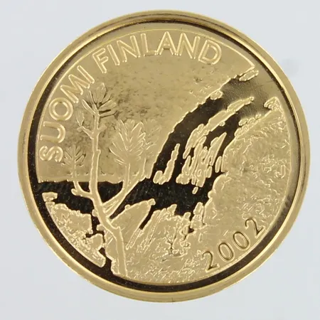 Kultaraha Suomi 2002, Keskiyön aurinko - ensimmäinen suomalainen kultaeuro, nimellisarvo 100 euroa, 007828, 900, Paino: 8,7 g