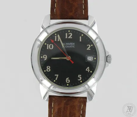 Teräsrannekello Mondaine M-Watch Ecomatic nahkarannekkeella, automaatti, 21-kivinen, taulun Ø 36mm, lasissa hyvin ohuita naarmuja, rungon kunto hyvä