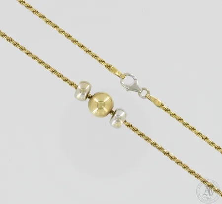 Kaulaketju, pituus 43,5cm, riipusten korkeudet 6-8mm, 585 kelta- ja valkokulta,  Paino: 7 g