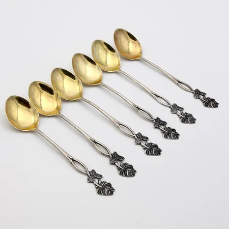 Kuusi Kahvilusikkaa Ruusu, kaiverrettuja, pituus 114mm, 813, Paino: 45,9 g