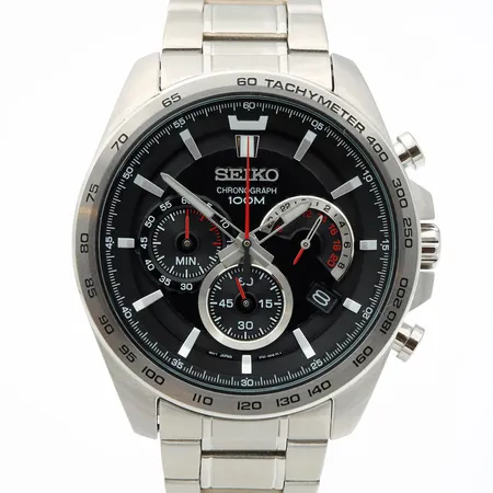 Teräsrannekello Seiko Chronograph 100M, takakannessa kaiverrus, taulun Ø 45mm, hihnan pituus 200mm, quartz, laatikko