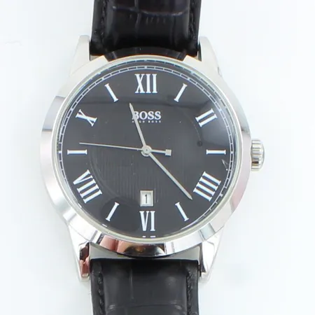 Teräsrannekello Hugo Boss, HB 85.1.14.2186, taylun Ø 42mm, quartz; paristo loppunut, krokotiilinahkaranne, lasissa pieniä naarmuja