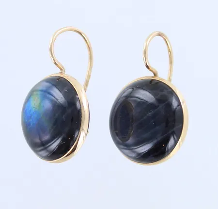 Spektroliitti-korvakorut, korkeus 24mm, kiven  Ø 15mm, 585br,  Paino: 5,1 g