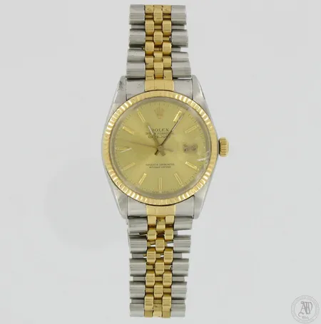 Teräs-kultarannekello Rolex Oyster Perpetual Datejust, taulun Ø 35mm, koneiston Cal:3035, 479295#, kuori 16013, rannekkeen pituus 200mm, rannekkeessa, lasissa ja rungossa naarmuja ja kolhuja