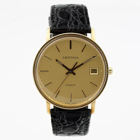 Kultarannekello, Certina, taulun Ø 34mm, Quartz, kaiverrettu, lasissa naarmuja, paristo loppu, 585br,
