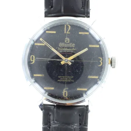 Teräsrannekello Atlantic Worldmaster, 21 jewels , original, incablock, T Swiss Made T, mekaaninen, käytön jälkiä, runogn Ø37mm, nahkaranneke ei alkuperäinen, nahkarannekkeen pituus 180-230mm, 