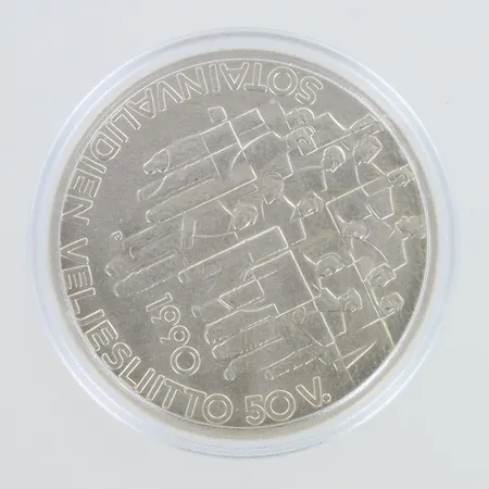 Juhlaraha, Sotainvalidien Veljesliitto 50 vuotta, 1990, nimellisarvo 100mk, 830,   Paino: 24,4 g