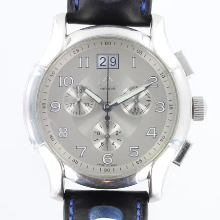 Teräsrannekello Appella Geneve, swiss made, quartz, käytön jälkiä, lasi naarmuinen, rungon Ø40mm, nahkaranneke kulunut, rannekkeen pituus 190-225mm, 