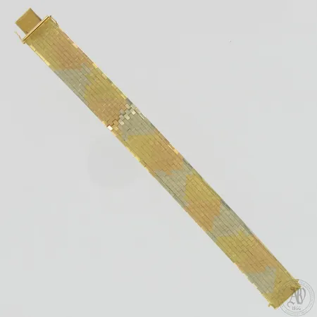 Rannekoru, selviä käytön jälkiä, pituus 190mm ja leveys 18mm, 750 kelta-, puna- ja valkokulta,  Paino: 46,2 g