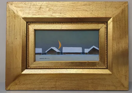 Öljyvärimaalaus, Juhani Palmu, signeeraus Juhani Palmu, teoksen mitat ilman kehyksiä 14x29cm, mitat kehysten kanssa 40x55cm. 