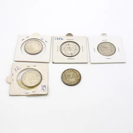 Viisi hopearahaa, 200 markkaa, vuosilta 1956-1957, yht. nimellisarvo 1000 markkaa, 500, Paino: 41 g