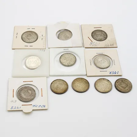 11 hopearahaa, 100 markkaa, vuosilta 1956-1958, yht. nimellisarvo 1100 markkaa, 500,  Paino: 56 g
