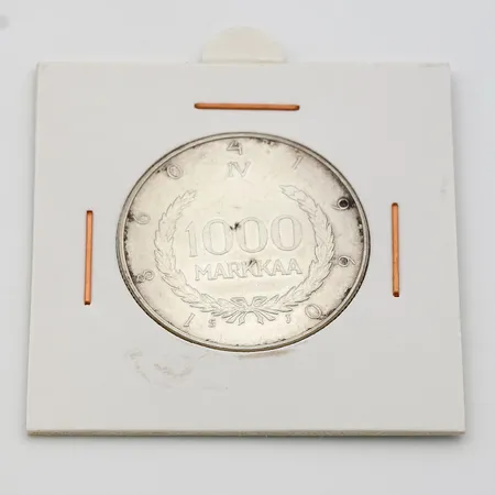 Hopearaha, Suomen markka 100 vuotta 1960, nimellisarvo 1000mk, 875 hopea Paino: 14,1 g