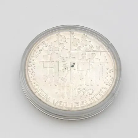Juhlaraha, Sotainvalidien Veljesliitto 50 vuotta, 1990, nimellisarvo 100mk, 830, Paino: 24,1 g