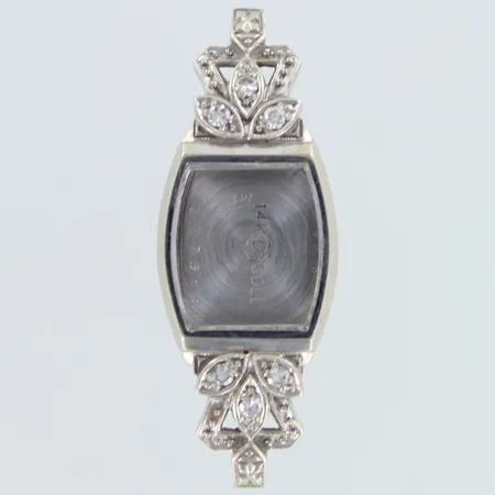 Viallinen kellon runko timanteilla 6xn0.0.02ct, rungon mitat 14x15mm, 585 valkokulta,  Paino: 4,6 g