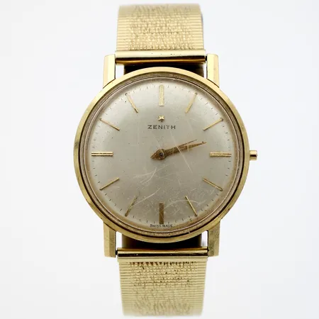 Kultarannekello Zenith, ei käy ja nuppi puuttuu, taulun 35mm, runko 750 ja hihna 585,  