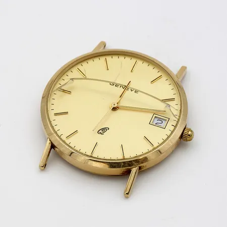 Kultarannekello Geneve Quartz, Ø 32mm, lasi rikki, paristo loppu, 585br,  Paino: 13,1 g
