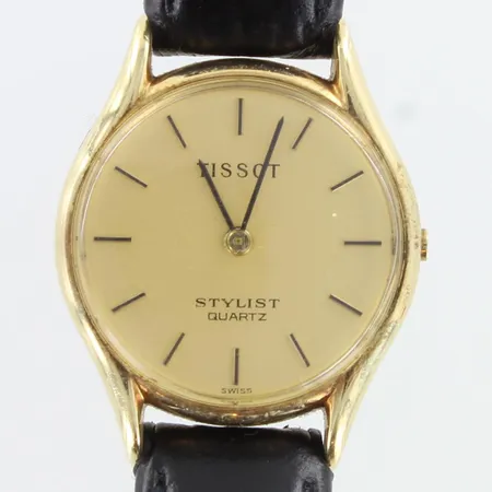 Viallinen kultarannekello Tissot, mekaaninen, käytön jälkiä, kaiverrettu, rungon Ø22.5mm, nahkarannekkeen pituus 135-180mm, ranneke ei alkuperäinen, 585br,  Paino: 13,2 g