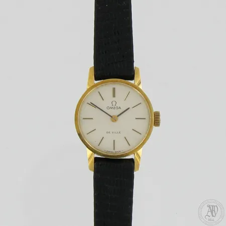 Kultarannekello Omega De Ville nahkarannekkeella, mekaaninen, rungon Ø 20mm, rannekkeen pituus 145-170mm, rannekkeessa Omgen solki, 750br,  Paino: 13,5 g