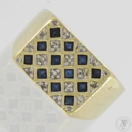 Sinisafiiri-sormus timanteilla, 20xn.0.005ct, käytön jälkiä, koko 19½, 585br,  Paino: 8,3 g