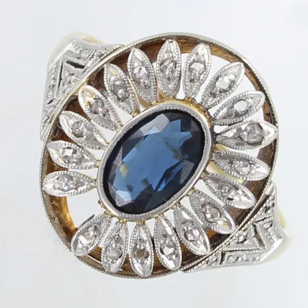Viallinen kivisormus timanteilla 29xn.0.003ct, vanhahiontaisia timantteja, koko 17, 585br,  Paino: 4,1 g