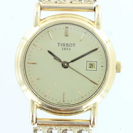 Kultarannekello Tissot 1853, quartz, käytön jälkiä, rungon Ø26.5mm, kultarannekkeen pituus160-175mm, 585br, Paino: 34,3 g