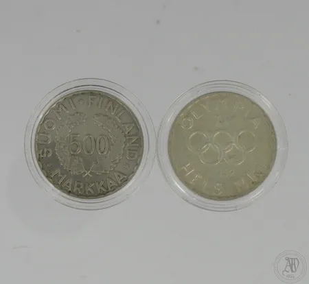 Kaksi juhlarahaa, Suomi, Olympia XV Helsinki 1952, nimellisarvo yht. 1000mk, 500,  Paino: 23,4 g