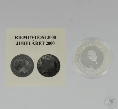 Hopeinen juhlaraha, Riemuvuosi 2000, 100 mk, 925,  Paino: 22 g