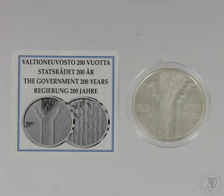 Hopeinen juhlaraha, Valtioneuvosto 200 vuotta, 10 euroa, 925,  Paino: 25,5 g