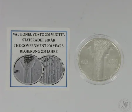Hopeinen juhlaraha, Valtioneuvosto 200 vuotta, 10 euroa, 925,  Paino: 25,5 g