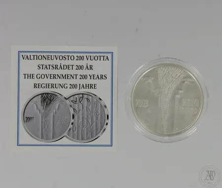 Hopeinen juhlaraha, Valtioneuvosto 200 vuotta, 10 euroa, 925,  Paino: 25,5 g