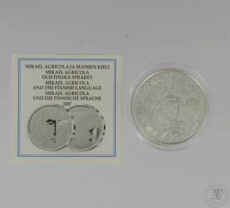 Hopeinen juhlaraha, Mikael Agricola ja Suomen kieli, 10 euroa, 925,  Paino: 25,5 g
