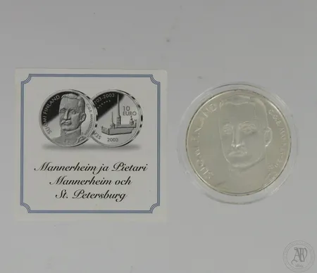 Hopeinen juhlaraha, Mannerheim ja Pietari, 10 euroa, 925,  Paino: 27,4 g