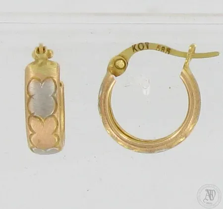 Kuviolliset korvarenkaat, korkeus 13mm, 585 kelta- valko- ja punakulta,  Paino: 1,3 g