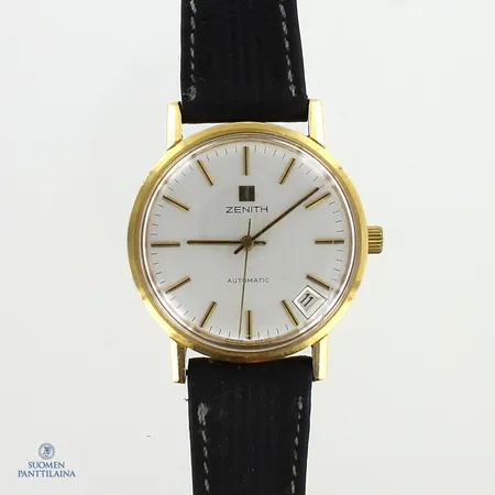 Kultarannekello Zenith nahkarannekkeella, 30-0291-380, automaatti, taulun Ø 33mm, 750br, ei huoltohistoriaa, taulussa naarmuja, rannekeessa kulumia Paino: 46,9 g