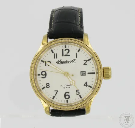 Teräsrannekello Ingersoll automatic, 102702, taulun Ø 44,5mm, lasissa ja rannekkeessa käytön jälkiä, nahkaranneke.
