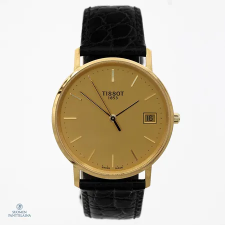Kultarannekello, Tissot Goldrun, kaiverrettu, quartz, rungon Ø 33mm, ref. T71.3.411.21, nahkaranneke, laatikko ja todistus, 750br, 