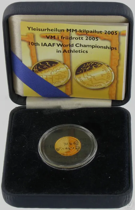Kultaraha Suomi 2005, Yleisurheilun MM-kilpailut 2005, nimellisarvo 20 euroa, kotelo ja aitoustodistus, 900,    Paino: 1,7 g