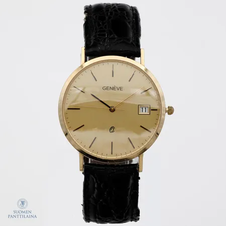 Kultarannekello Genève quartz, ¤ 34mm, nahkaranneke kulunut, 585br, 