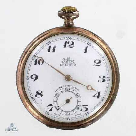 Viallinen hopeinen taskukello, Leijona, mekaaninen, Ø50.5mm, välikuori hopeaa, 800br,  Paino: 72,1 g